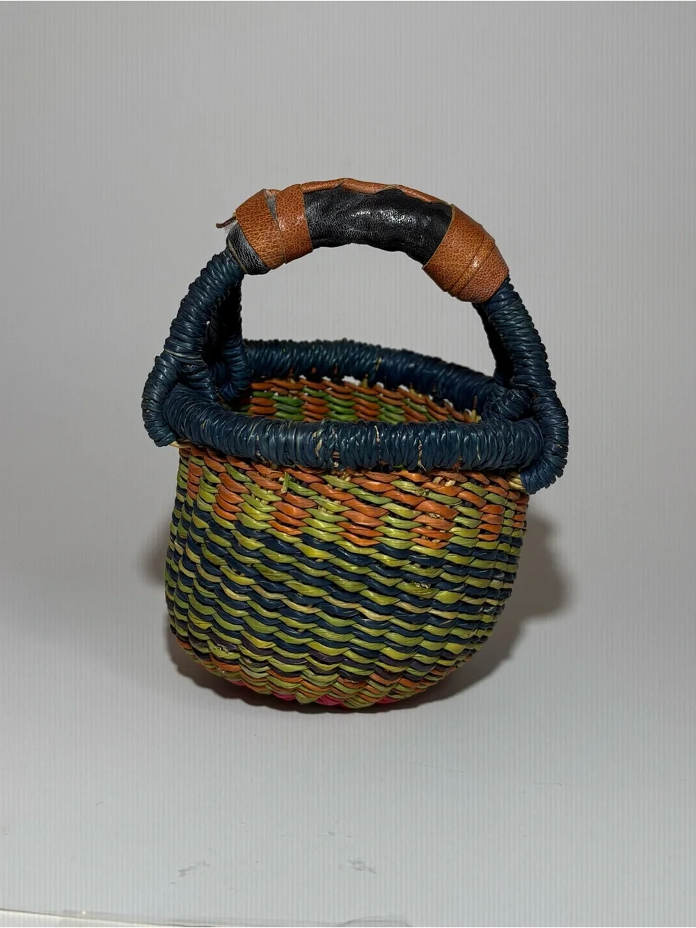 Handwoven Mini Basket with Handle — Blue, Green & Orange